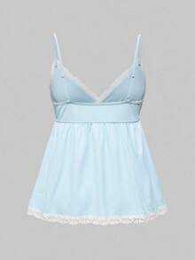 Conjunto de pijama casual de camiseta de tirantes acanalada y shorts con encaje - Azul - Ver 6