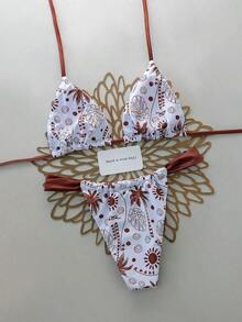Swim Mod Conjunto de bikini de dos piezas con estampado de frutas y verduras en todo el diseño, con escote halter y lazos, para vacaciones de verano - Multicolor 9 - Ver 2