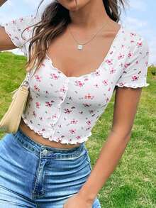 Camiseta con estampado floral con botón delantero - Rojo - Ver 6