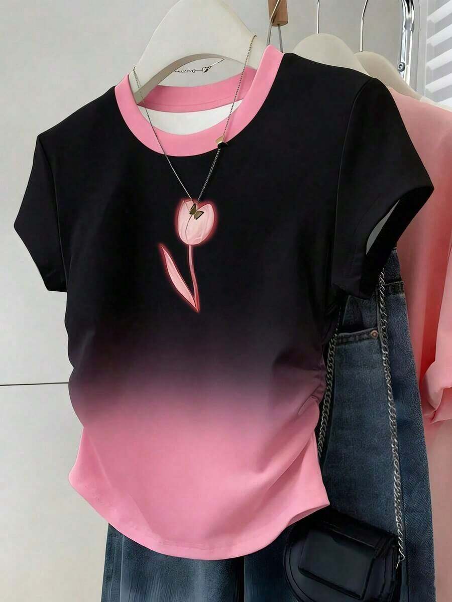 Camiseta ajustada de manga con volantes en degradado con estampado de corazón de fresa y letras, para uso casual, vacaciones y viajes, verano - Multicolor 5 - Ver 1