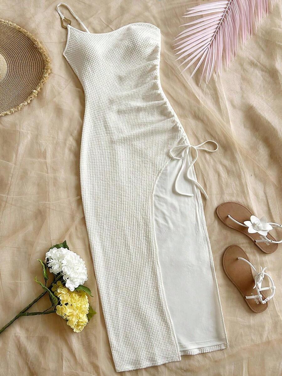 Vestido de mujer con textura de gofre tejido, diseño ajustado con abertura y cordón, adecuado para fiesta, cita, sexy, té de la tarde, playa, verano, festival de música, temporada de bodas - Albaricoque - Ver 1
