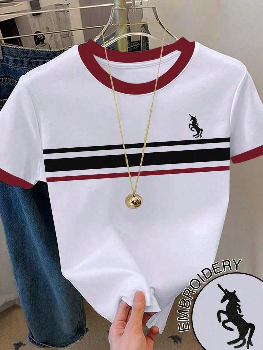 Camiseta de mujer de cuello redondo con estampado casual de caballero en patchwork, para verano - Blanco 2 - Ver 1
