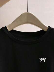 Camiseta casual de manga larga, cuello redondo, con estampado de lazo, color negro para mujer - Negro - Ver 3