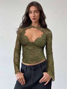 Blusa de manga larga con cuello en V profundo, transparente y con detalles de encaje negro para mujeres - Verde militar - Ver 8