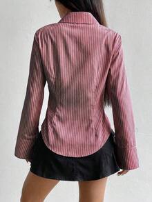 Camisa de manga larga casual a rayas que ciñe la cintura, apta para primavera/verano/otoño, tops de manga larga - Rojo - Ver 2