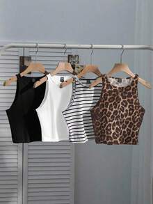 Conjunto de 4 piezas para mujer: Camiseta sin mangas a rayas en blanco y negro, cereza casual para vacaciones, versátil y sexy para el verano y el regreso a la escuela - Multicolor 18 - Ver 12