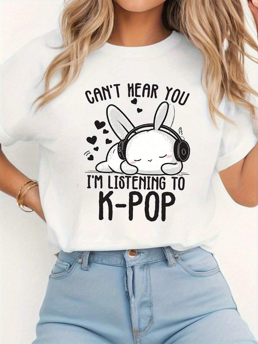 1 pieza No te puedo escuchar porque estoy escuchando K-POP NO TE PUEDO ESCUCHAR ESTOY ESCUCHANDO K-POP Camiseta de cuello redondo para mujer con estampado casual a la moda 180g 100% algodón - Blanco - Ver 1