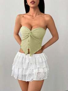 Top tubo de punto de textura amarillo ganso para mujer con abertura anudada en el medio delantero y borde ondulado, ajuste ceñido, para uso en fiestas, vacaciones y otoño/invierno - verde menta - Ver 5