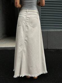 Falda vaquera holgada y casual con dobladillo deshilachado, otoño - Caqui - Ver 2