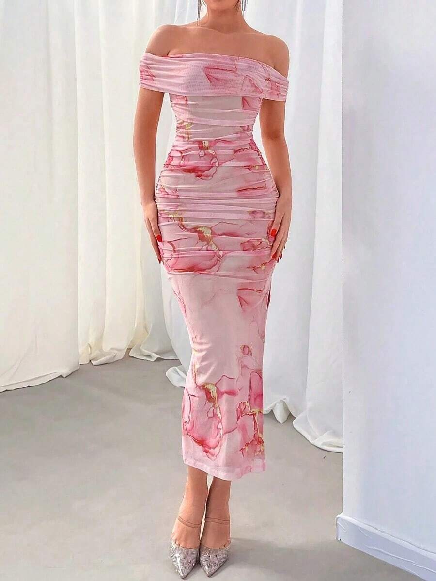 Vestido largo ajustado con hombros descubiertos, estampado floral rosa con malla, romántico para la cita del Día de San Valentín de la mujer - Multicolor 3 - Ver 1