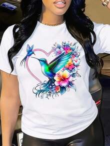 100% cotton Camisa de manga corta casual con cuello redondo para damas, con estampado de colibríes y flores en forma de corazón, de longitud normal - Blanco - Ver 2