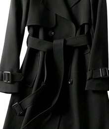 Gabardina larga de doble botonadura para mujer, clásica y elegante, chamarra de solapa a prueba de viento con cinturón, ropa exterior de otoño e invierno - Negro - Ver 5
