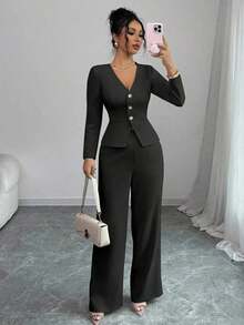 Elenzya Conjunto de blazer y pantalones de manga larga elegante para mujer, estilo de negocios/oficina, adecuado para verano, Día de la Independencia, graduación, vuelta al colegio - Negro - Ver 7