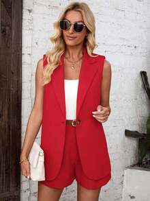 Conjunto de chaleco y pantalones cortos casuales para mujer, atuendo para ir al trabajo - Rojo - Ver 6