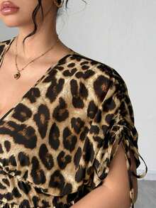 Elenzya Vestido maxi elegante de talla grande para mujer con cuello en V, estampado de leopardo, manga corta fruncida y falda acampanada - Amarillo - Ver 6