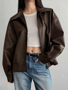 de cuero casual suelta con cremallera en la solapa, chaqueta exterior de manga larga - Marrón Chocolate - Ver 5