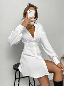 Privé Vestido camisero fruncido de hombros caídos - Blanco - Ver 5