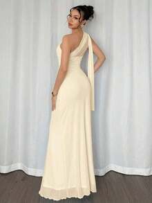 Vestido maxi ajustado de estilo elegante y romántico, con cuello asimétrico, adecuado para fiestas, vacaciones en la playa, vuelta al colegio, citas románticas, temporada de bodas, cumpleaños, Pascua, primavera/verano - Caqui - Ver 5