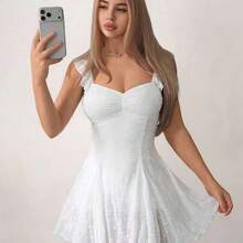 Women's Floral Embroidery Ruched Waist Elegant Mini Dress, Suitable For Dates And Parties - Blanco - Ver 8