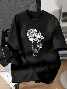 Camiseta Casual Negra para Mujer con Gráfico de Mano de Calavera y Rosa - Manga Corta, Cuello Redondo, Tejido Elástico, Ideal para Primavera/Verano/Otoño Y2k - Blanco - Ver 10