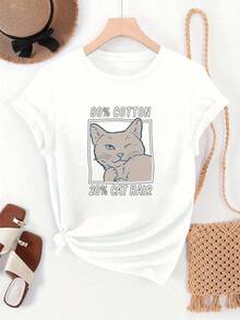 Women's Short-Sleeved T-Shirt With Round Neck And Cat Hair Print, 80% Cotton 20% Polyester, Casual Summer Style. - 黑色 - 查看 10