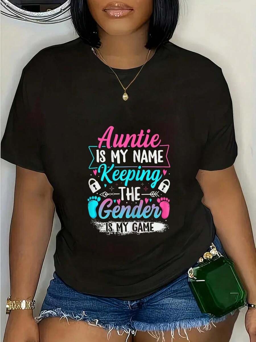 Elegante Camiseta Diaria para Revelación de Género "Tía" - Diseño divertido "Guardián del Género", letras coloridas, negra, lavable, adecuada para fiestas de revelación de género o uso diario, camiseta de moda chic de 180g. - Negro - Ver 1