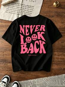 Stylish Single Garment For Women, Not A 3-Piece Set. 1 Piece/Set Of Short-Sleeved T-Shirts Suitable For Streetwear. Oversized Crew Neck Top For Everyday Outings, Camping, Concerts, Hip-Hop, Rock, And Rap Events. Holiday-Themed T-Shirt With Graphic Print. Casual Short-Sleeved Crew Neck Top For Summer And Spring, Perfect For Casual Outfits. Fun Print Top. | Soft Textured Fabric - 黑色 - 查看 2