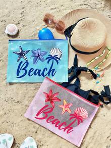 時尚防水PVC海灘包，印有「Beach」貝殼圖案，A4尺寸，透明化妝包、盥洗包，尼龍拉鍊，適合游泳、潛水、夏季度假，輕巧，海灘必備，旅行/開學必備，度假好伴侶 - 彩色 - 查看 3