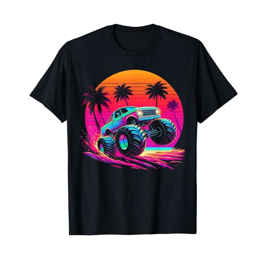 Camiseta unisex de manga corta, camiseta Monster Truck Retro Sunset, camisetas para hombre, Spiderman, , camisetas para mujer, Romwe para hombre, boho chic, regalos para maestros, camiseta para mujer, ropa curvy para hombre, y2k - Negro - Ver 1