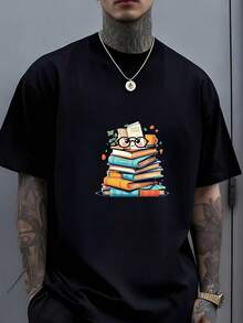 Camiseta unisex de manga corta, estilo victoriano Gato Libro Pila Camiseta - Retro Antropomórfico Uso de gafas Felino & Colorido Libros, Redondo Cuello Informal Gráfico Tee Adecuado para Vacaciones Regalos, Informal Vestimenta Máquina Lavable Playeras de ropa hombre, , ,  mujer,romwe hombres, boho chic,maestras regalos,camiseta para conjuntos de mujer con curvas para mu,y2k, - Negro - Ver 6