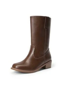 Women's Riding Boots Square Toe Retro Banana Boots Chunky Block Heel Pull-On Vintage Fashion Knee-High Boots - 巧克力棕 - 查看 7