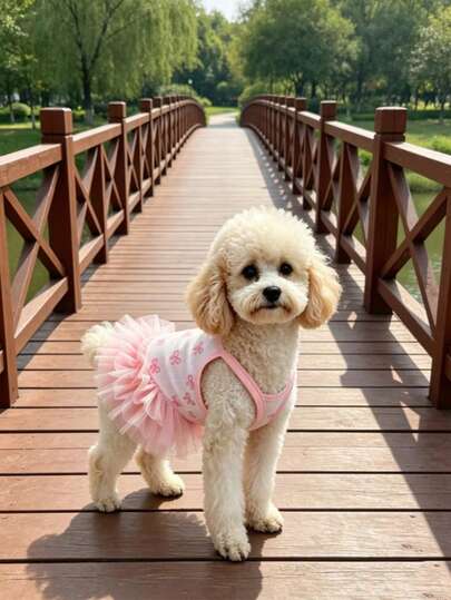 1 pieza Vestido para mascota, Falda casual de tirantes rosa, Vestido de tul transpirable con estampado de mariposa, Adecuado para poodle, Teddy, gatito, estilo princesa, Diseño ligero de tirantes, Atuendo elegante y lindo para perros pequeños, para todas las estaciones
