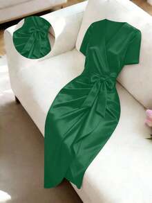 Raffinéa Vestido de mujer de satén con escote en V en color rojo picante, con volantes asimétricos en el bajo y mangas cortas, adecuado para uso diario elegante, salidas glamorosas y citas románticas - Verde - Ver 3