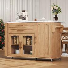 Mobile Kitchen Island With Folding Worktop, Kitchen Trolley, 5 Wheels, Multiple Storage Compartments, Spice Rack, Cutlery Drawer, 120 X 45 (70) X 90 Cm - 自然色 - 查看 9