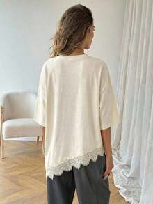 LUNE Camiseta básica de mujer de uso diario para primavera y verano, de unicolor, con dobladillo asimétrico y parches de encaje - Albaricoque - Ver 2