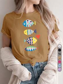 Camiseta deportiva casual vintage para mujer, camiseta de cuello redondo, estampado de peces coloridos, juvenil y a la moda, ropa de vacaciones, temática de verano, diseño de peces en forma de corazón, peces, colorida, cómoda para todas las estaciones. - Blanco - Ver 7