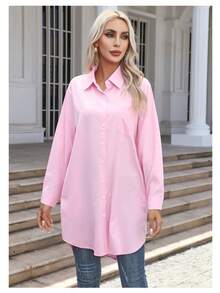 Oversized Solid Color Shirt, Women's Long Sleeve Button-Up Tunic Top With Side Slits - Hồng - Xem 3