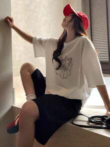 Women's 100% Cotton T-Shirts 2026, Sweet Line Floral Print Short Sleeve T-Shirt, Loose Fit, Versatile, White Cotton Casual Top, Women's Oversized Graphic Tees For Bachelorette Parties - White - View 6