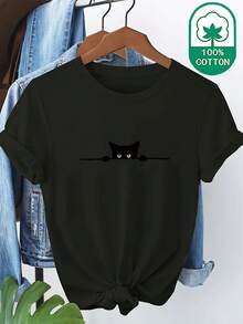 Camiseta de Mujer para Verano, 100% Algodón, Cuello Redondo, Manga Corta, con Estampado de Gato, Versátil y Cómoda - Negro - Ver 1