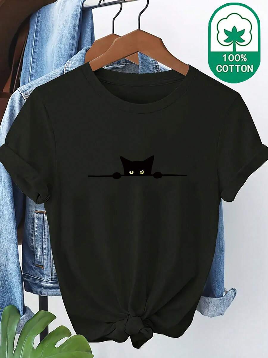 Camiseta de Mujer para Verano, 100% Algodón, Cuello Redondo, Manga Corta, con Estampado de Gato, Versátil y Cómoda - Negro - Ver 1