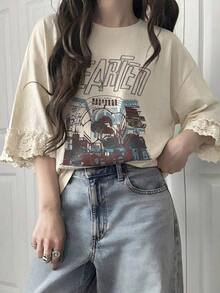 Camiseta de manga corta para mujer con ajuste holgado, estampado de letras, parches de encaje, de mezcla de algodón transpirable, versátil para primavera/verano - Albaricoque 2 - Ver 5