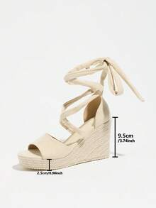 Giày sandal đế xuồng cao gót cho nữ, sandal đế xuồng buộc dây giả da lộn màu be, giày đế xuồng hở mũi quai chéo đế dày, giày đi biển mùa hè, giày cao gót nữ. - Màu be - Xem 11