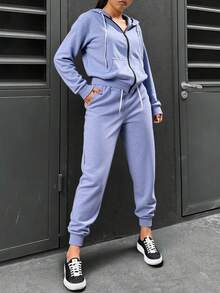 Conjunto Deportivo de 2 Piezas para Mujer: Sudadera con Capucha y Cierre de Cremallera Frontal más Pantalón Jogger con Cordón Ajustable - Set Casual de Algodón Suave para Entrenamiento, Gimnasio y Uso Diario - Gris Claro - Ver 6