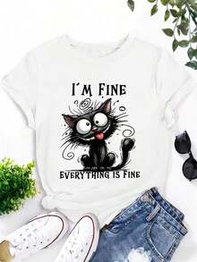 [Special Offer With 70% Discount] Women's Short Sleeve T-Shirt, Funny Cat Design "I'm OK, I'm OK, Everything's Fine" Pattern Print Gift For Cat Lovers, Stylish, Sweet And Cute T-Shirt For Vacation, Work, Party, Essential Home T-Shirt, Pretty Blouses, 100% Cotton - 白色的 - 查看 1