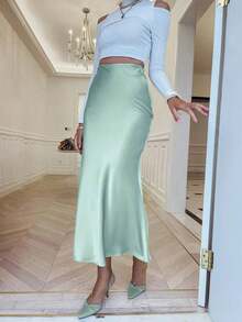 Sollinarry Falda larga de unicolor básica, corte slim, estilo casual de calle para uso diario, elegante en negro para verano y primavera - Frijol gris verde - Ver 3