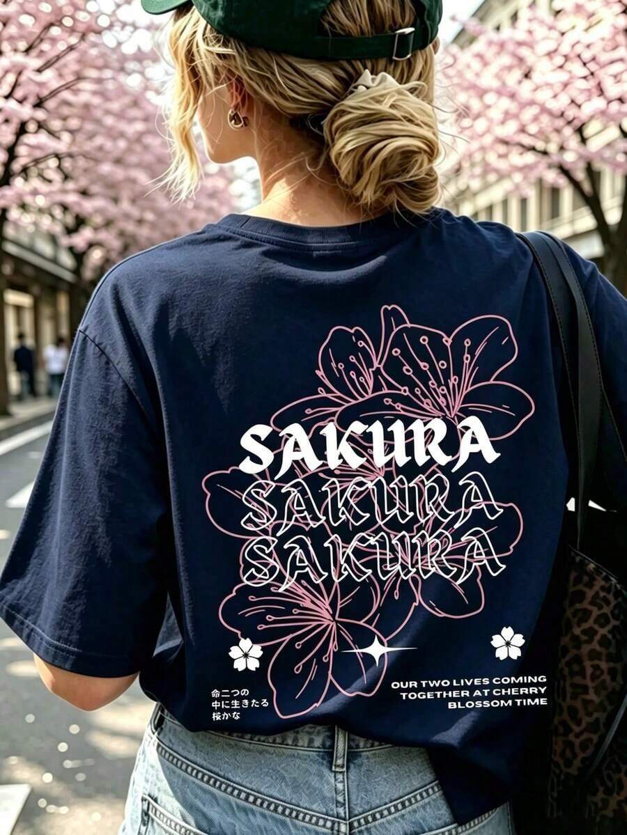 White Short-Sleeved Round-Neck T-Shirt With A Romantic Japanese Cherry Blossom Letter Print, Simple And Versatile, Suitable For Women. Pure Cotton Short-Sleeve Shirt - 海軍藍 - 查看 1