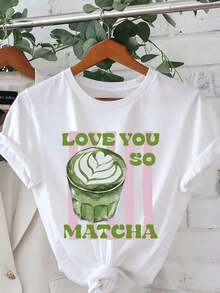 SimpieAndVersatileDesignNueva Camiseta Casual de Verano con Estampado Gráfico "Love You So Much Matcha", Manga Corta, Cuello Redondo, Estilo Casual, Adecuada para Verano y Primavera, Camiseta de Algodón Holgada de Manga Corta con Cuello Redondo, Estilo Vintage Urbano Unisex para Mujer. Camiseta de algodón - Blanco - Ver 1