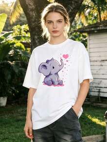 Diseño simple y versátil, camiseta de manga corta de cuello redondo suave y casual para mujer, camiseta de manga corta con estampado de dibujos animados de elefante, camiseta casual de verano para mujer, top, 100% algodón, estilo vintage, estilo callejero europeo y americano, casual deportivo, unisex, estilo casual urbano, top de alta calidad, camiseta de algodón. - Blanco - Ver 7