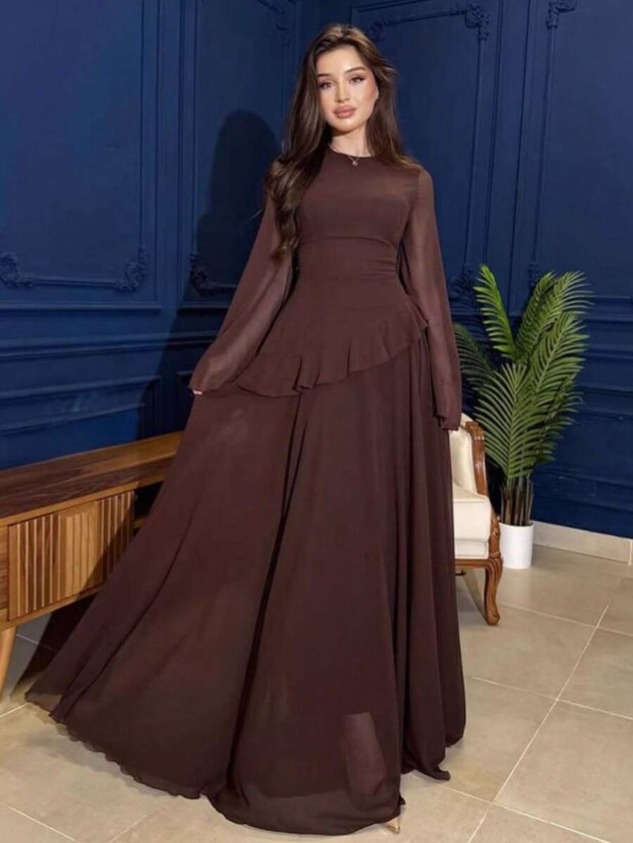 Women's Elegant Brown Asymmetrical Neck Maxi Dress With Flare Long Sleeves And Flounce Hem, Formal Gown Style - 咖啡 - 查看 1