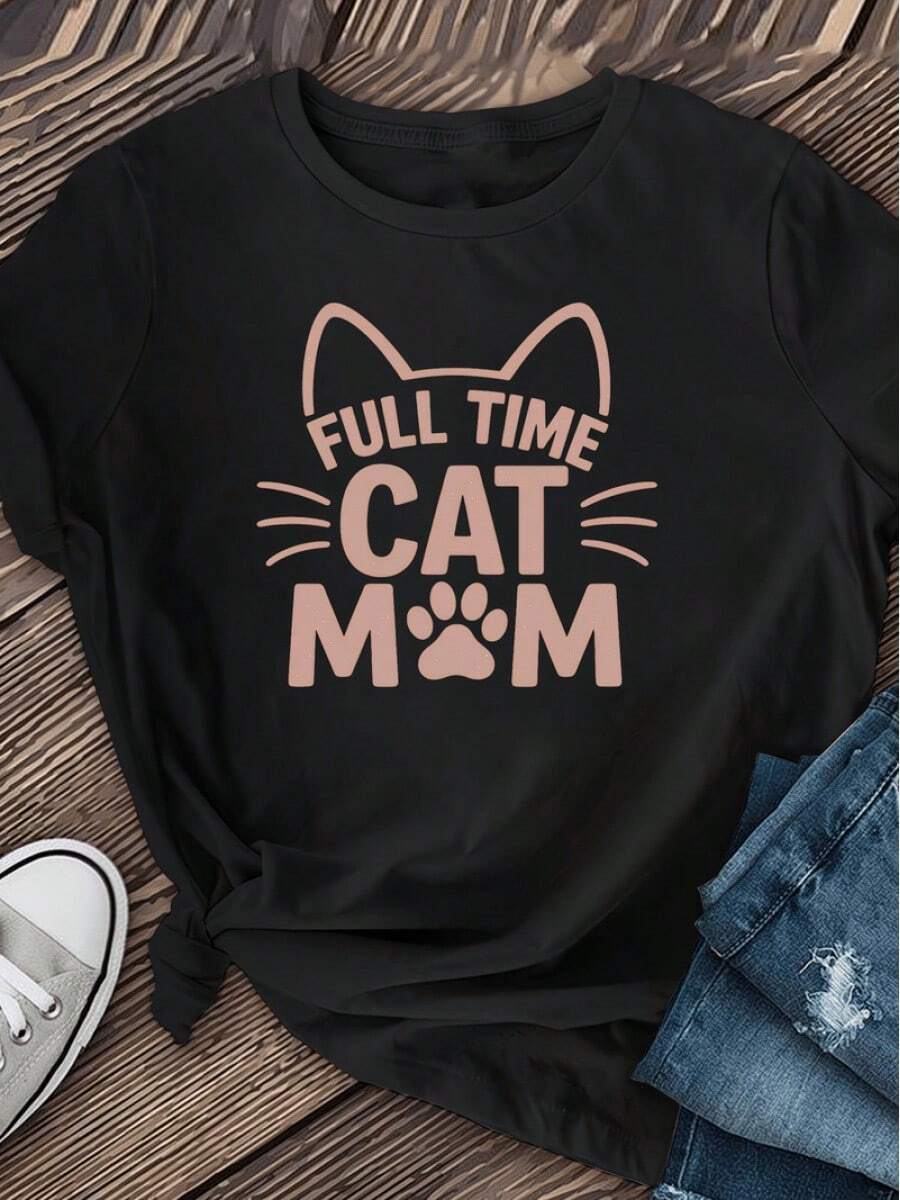 Camiseta Deportiva Casual para Mujer FULL MOM - Camiseta Negra Elástica de Cuello Redondo, Lavable aáquina, Ajuste Cómodo y Perfecta para Todas las Estaciones, para Amantes de los Gatos y Uso Diario. - Negro - Ver 1